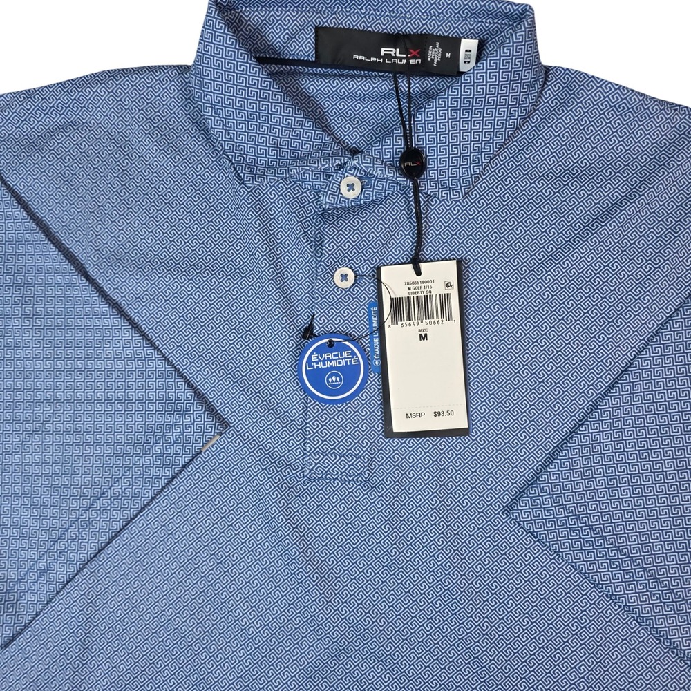 RLX Ralph Lauren Polo Shirt Men Medium Blue Geometric Greek key Moisture Wicking